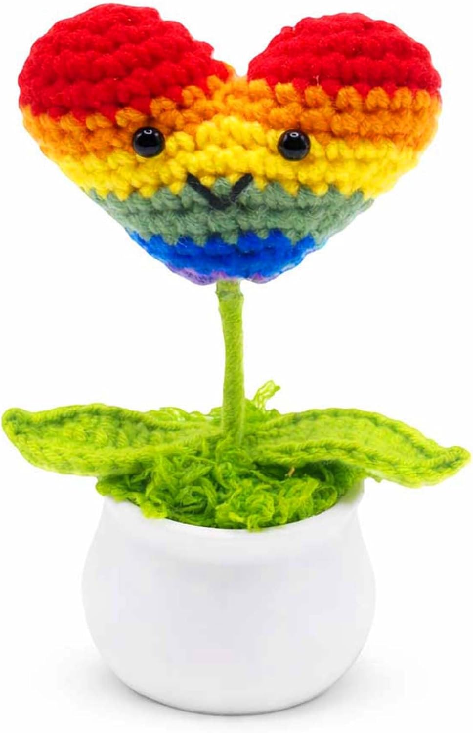 Handmade Crochet Rainbow Heart Potted Decor, Knitted Cute Desk Ornament for Home Office Room, Emotional Support Gift for Women, Friends, Coworkers, Birthday Valentines Day