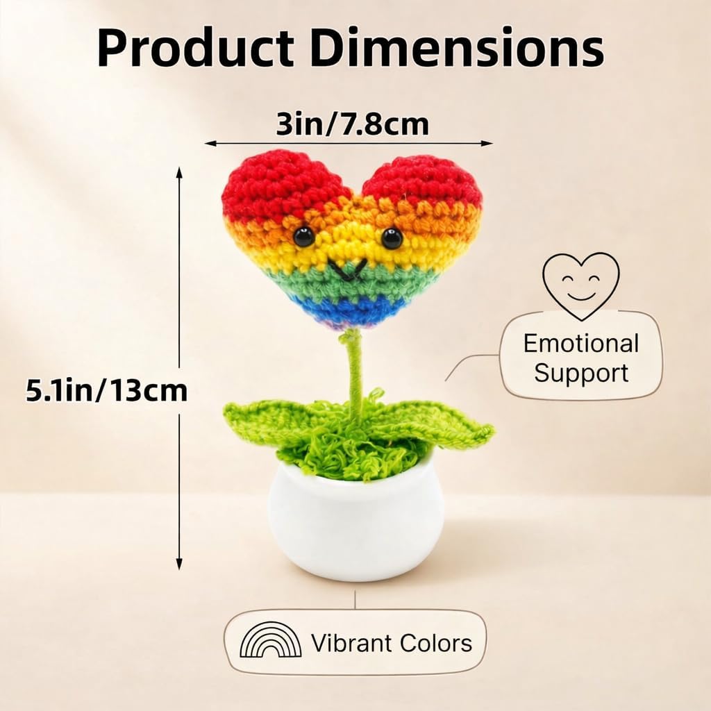 Handmade Crochet Rainbow Heart Potted Decor, Knitted Cute Desk Ornament for Home Office Room, Emotional Support Gift for Women, Friends, Coworkers, Birthday Valentines Day