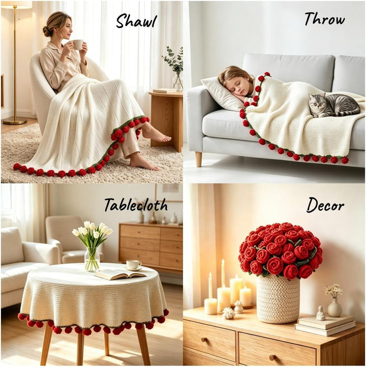 Crochet Flower Bouquet Blanket，Handmade Knitted Throw Blanket with Rose