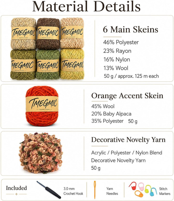 Granny Square Yarn Color Pack, 8 Skeins Soft Textured Crochet Yarn Set with Daisy Chart for Adults (Autumn Forest)