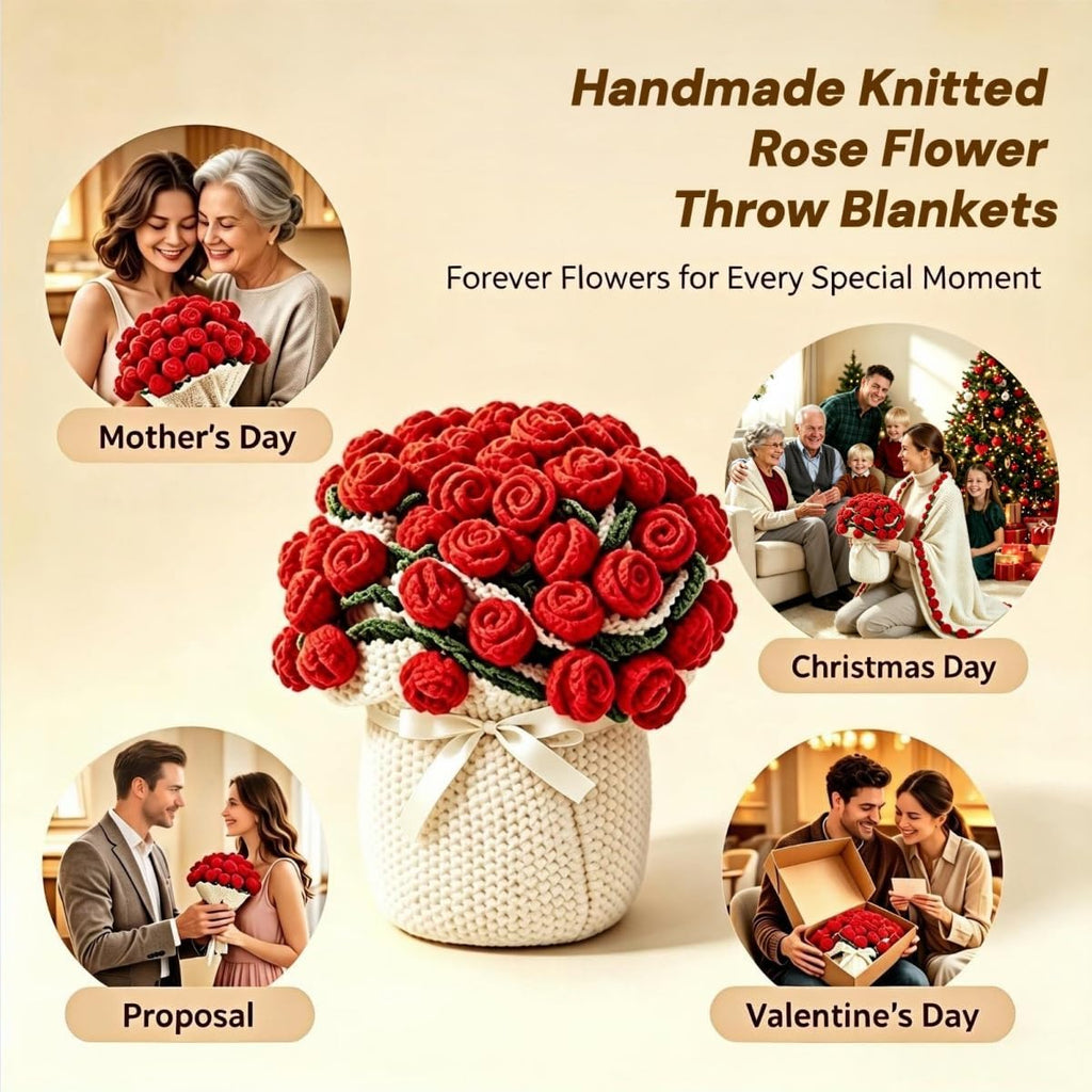 Crochet Flower Bouquet Blanket，Handmade Knitted Throw Blanket with Rose