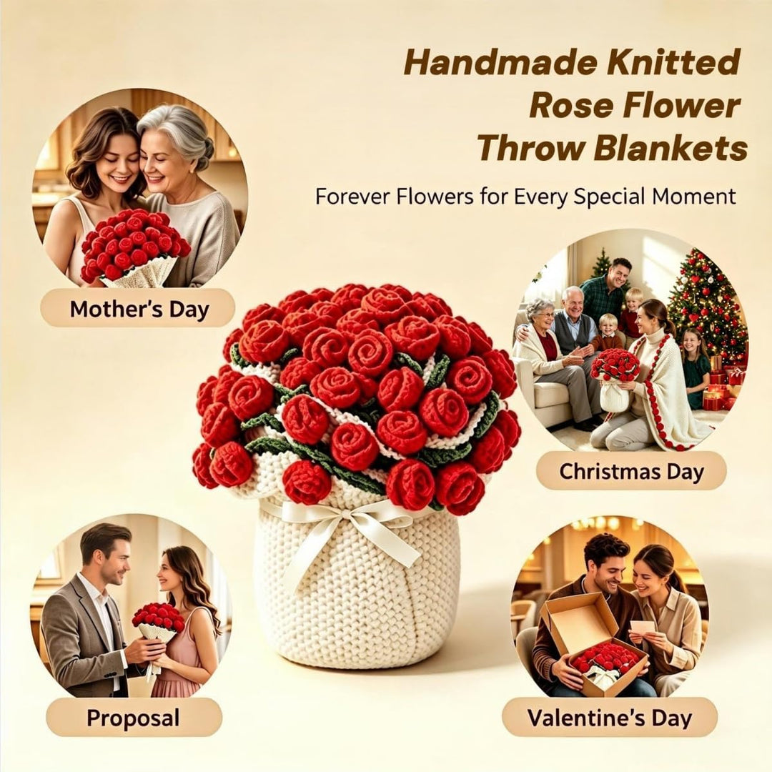 Crochet Flower Bouquet Blanket，Handmade Knitted Throw Blanket with Rose