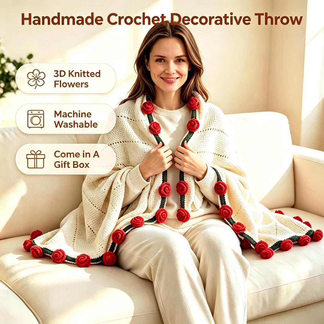 Crochet Flower Bouquet Blanket，Handmade Knitted Throw Blanket with Rose