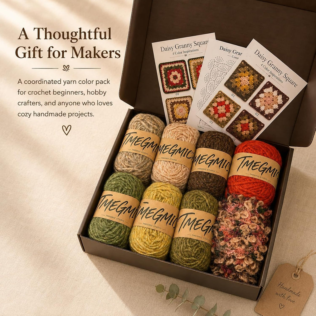 Granny Square Yarn Color Pack, 8 Skeins Soft Textured Crochet Yarn Set with Daisy Chart for Adults (Autumn Forest)