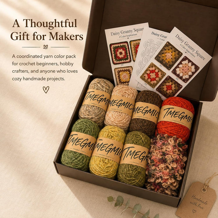Granny Square Yarn Color Pack, 8 Skeins Soft Textured Crochet Yarn Set with Daisy Chart for Adults (Autumn Forest)