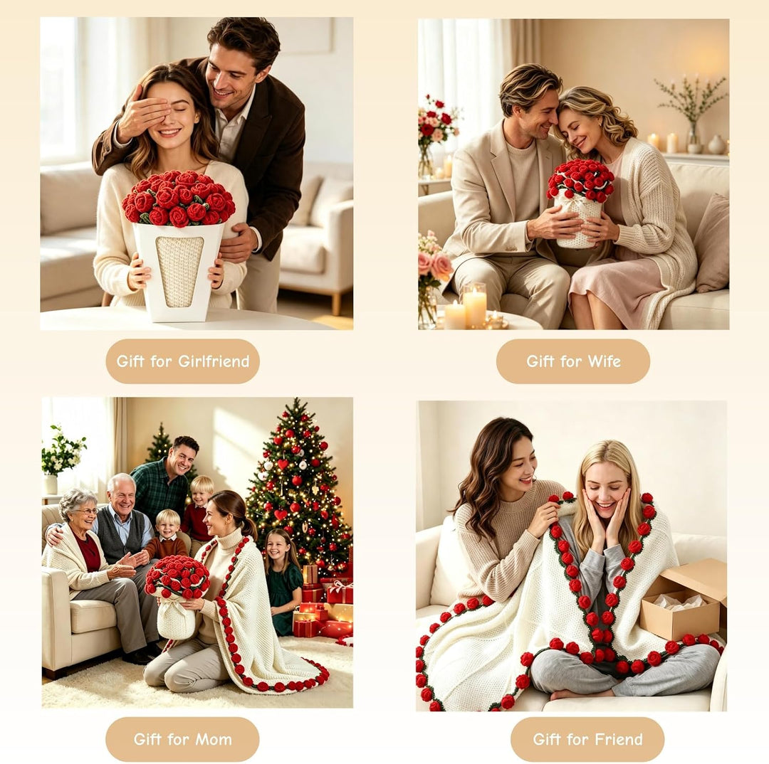 Crochet Flower Bouquet Blanket，Handmade Knitted Throw Blanket with Rose
