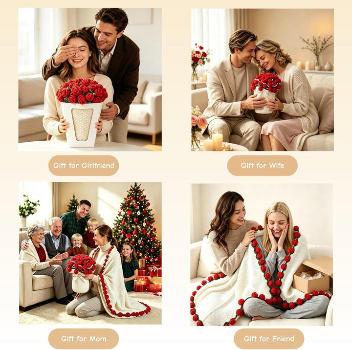 Crochet Flower Bouquet Blanket，Handmade Knitted Throw Blanket with Rose