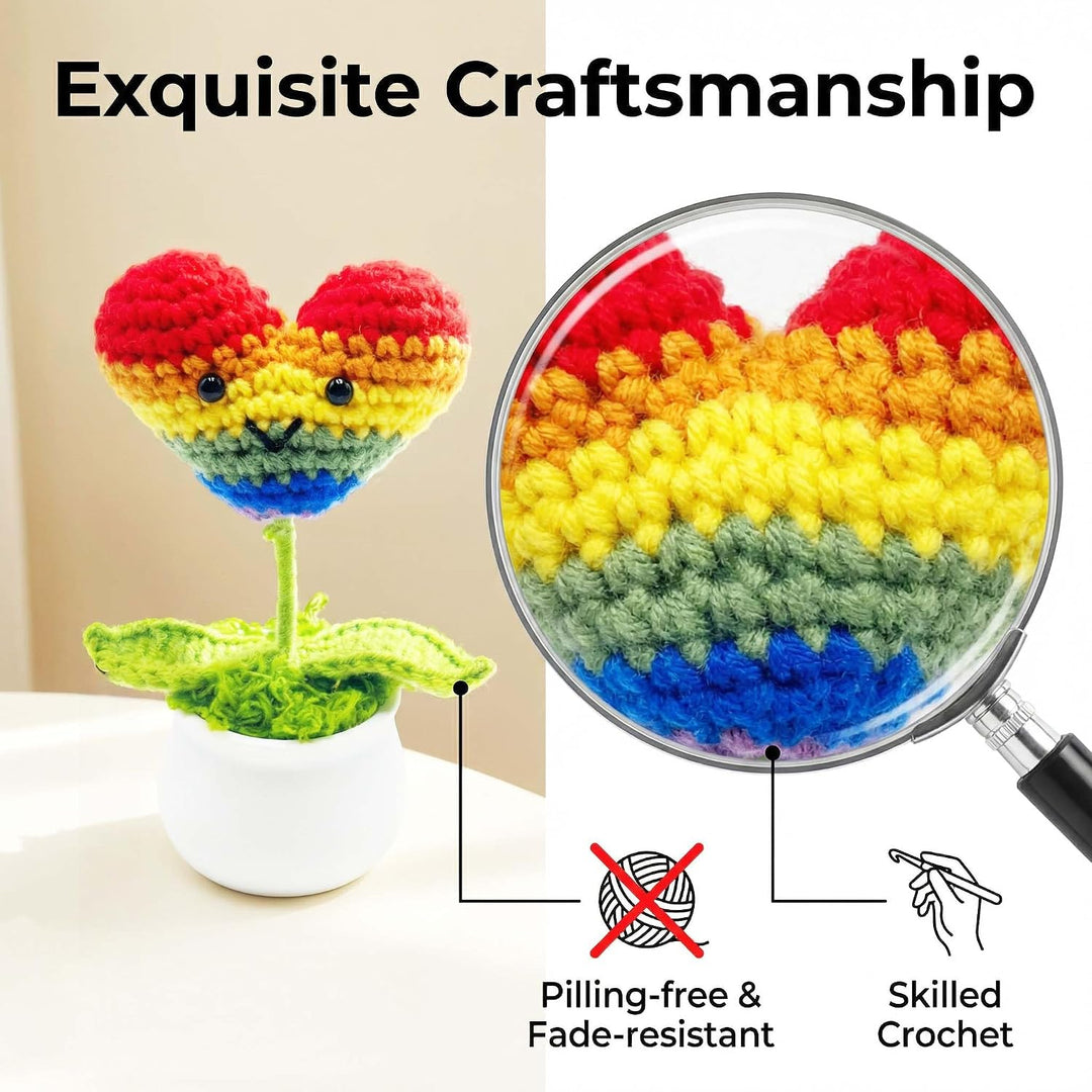 Handmade Crochet Rainbow Heart Potted Decor, Knitted Cute Desk Ornament for Home Office Room, Emotional Support Gift for Women, Friends, Coworkers, Birthday Valentines Day