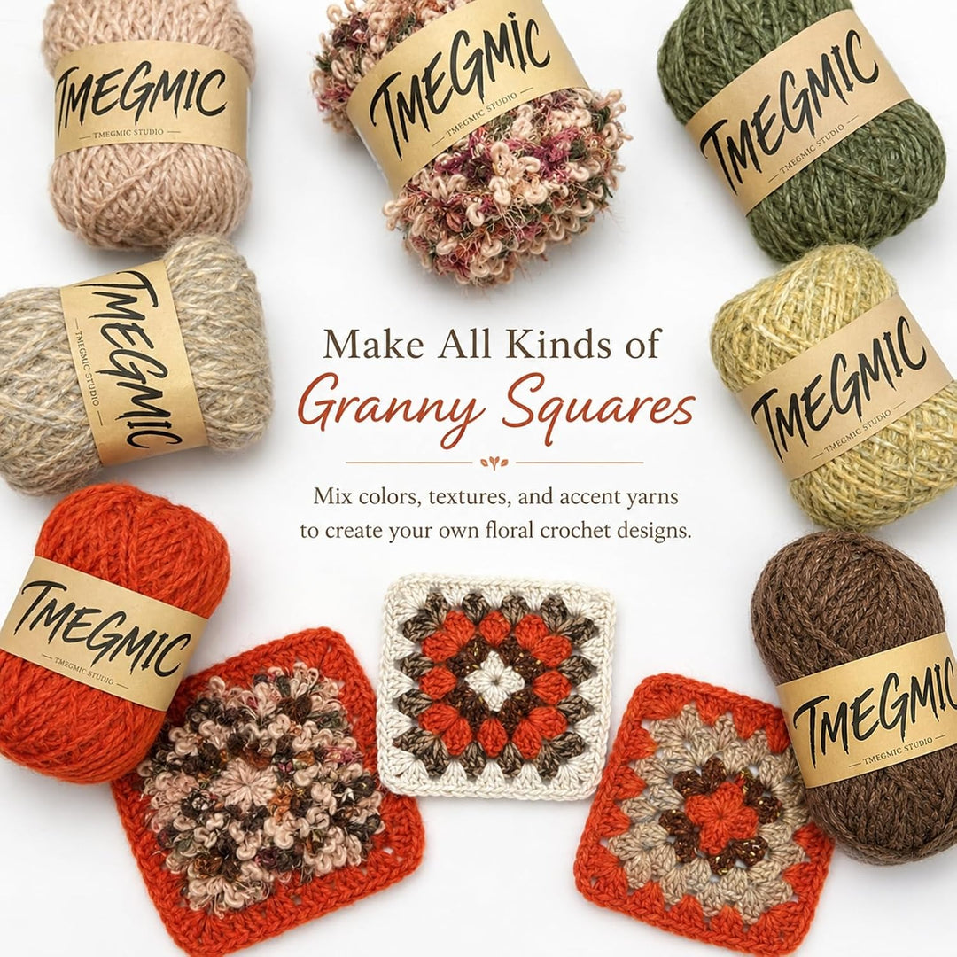 Granny Square Yarn Color Pack, 8 Skeins Soft Textured Crochet Yarn Set with Daisy Chart for Adults (Autumn Forest)