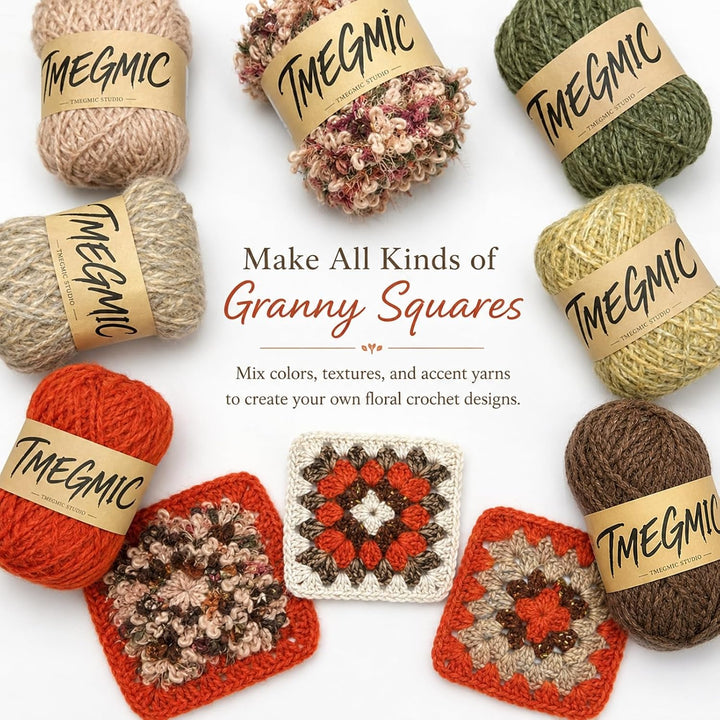 Granny Square Yarn Color Pack, 8 Skeins Soft Textured Crochet Yarn Set with Daisy Chart for Adults (Autumn Forest)