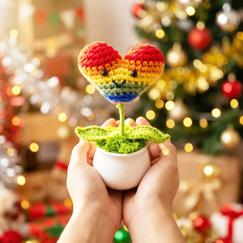 Handmade Crochet Rainbow Heart Potted Decor, Knitted Cute Desk Ornament for Home Office Room, Emotional Support Gift for Women, Friends, Coworkers, Birthday Valentines Day